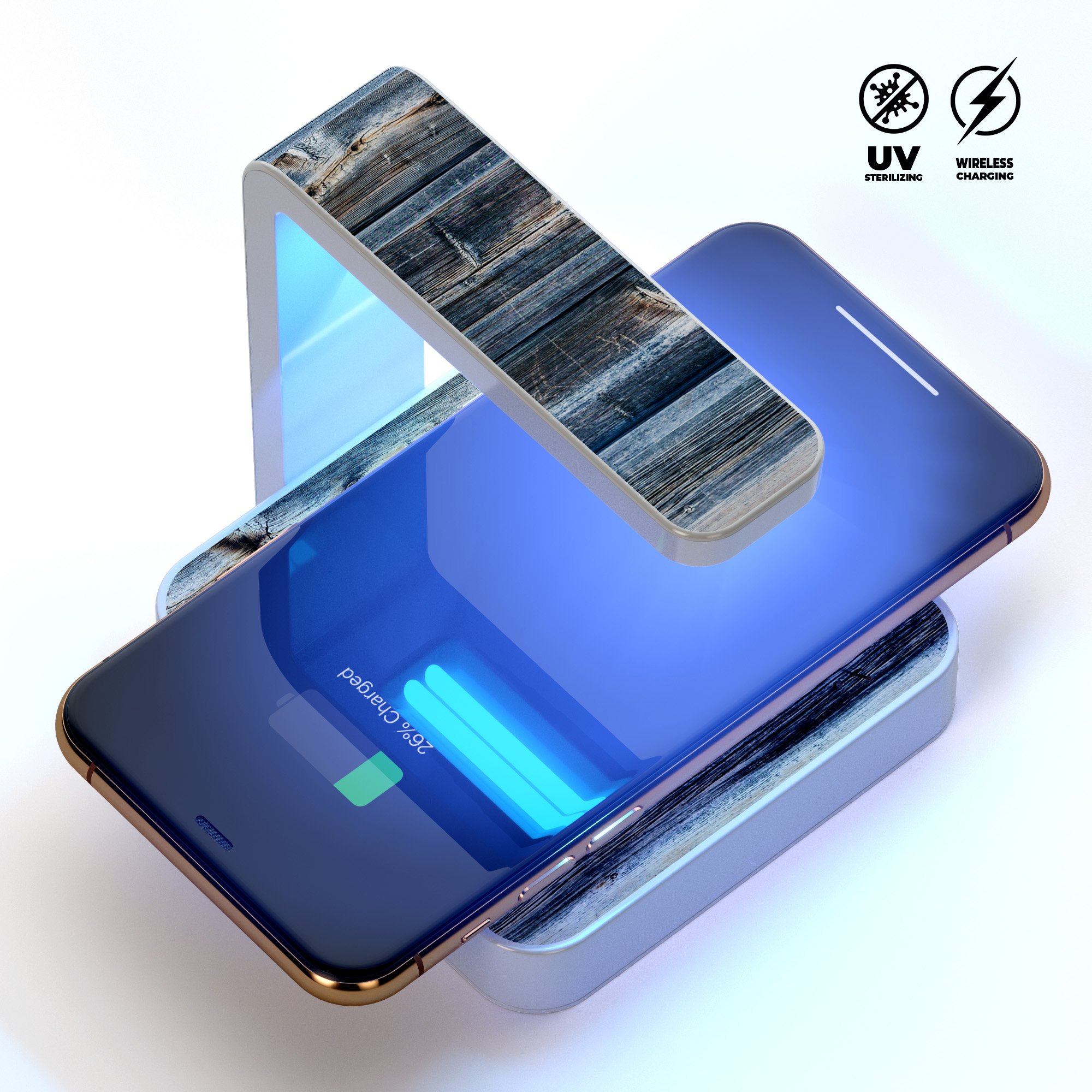 Vertical Planks of Wood UV Germicidal Wireless Charger with phone on top, showcasing its sleek design and sterilizing lamp.